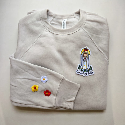 Our Lady of Fatima Embroidered Sweatshirt | Catholic Trinity Flower Sleeve Patch | Premium Religious Apparel - Heart & Halo