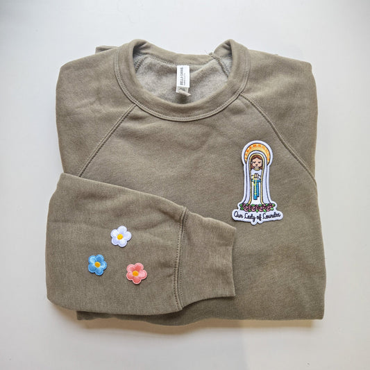 Our Lady of Lourdes Embroidered Sweatshirt | Catholic Trinity Flower Sleeve Patch | Premium Religious Apparel - Heart & Halo