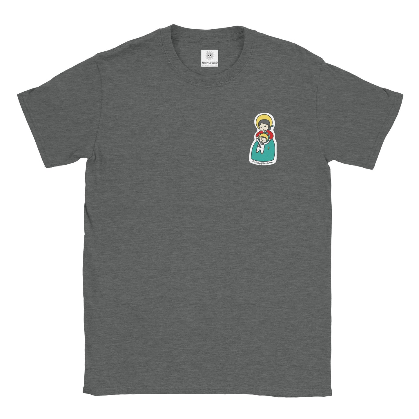 Our Lady of Peace Korean Mother Mary & Baby Jesus | Adult Cotton Crewneck T-Shirt | 20% Donation - Heart & Halo
