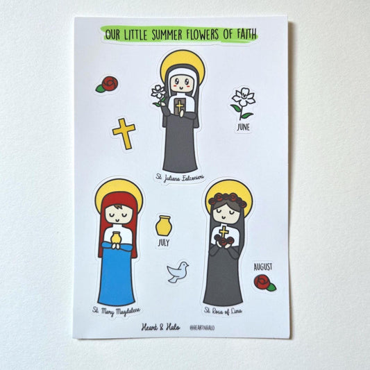 Our Little Summer Flowers of Faith 4" x 6" Sticker sheet - St. Juliana Falconieri, St. Mary Magdalene and St. Rosa of Lima. - Heart & Halo