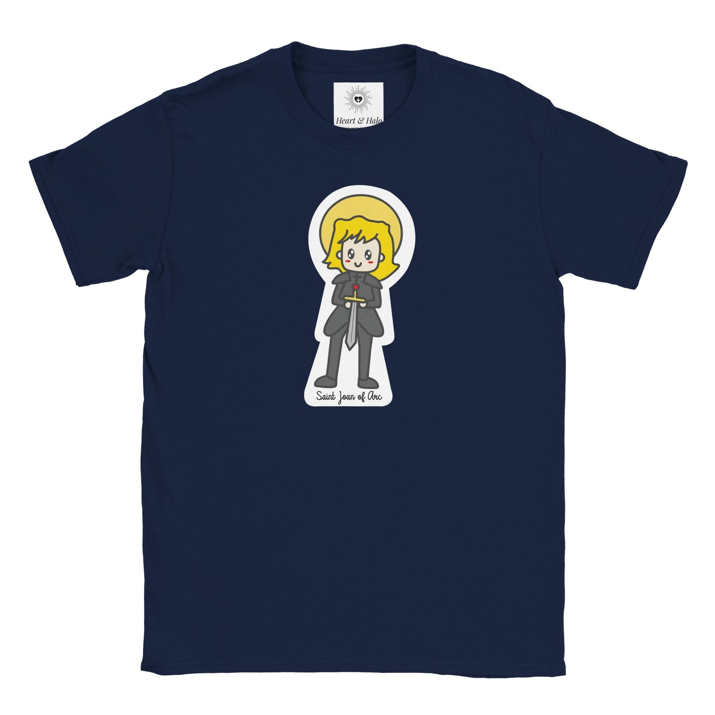 Saint Joan of Arc Youth Cotton Crewneck T-Shirt – 20% Donation, Art by Little Artist - Heart & Halo