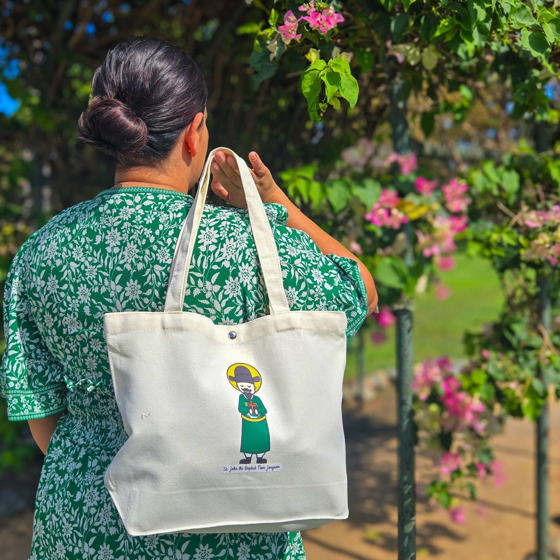 Special Edition St. Andrew Kim Taegon & St. John the Baptist Nam Jongsam Medium Tote Bag - Heart & Halo