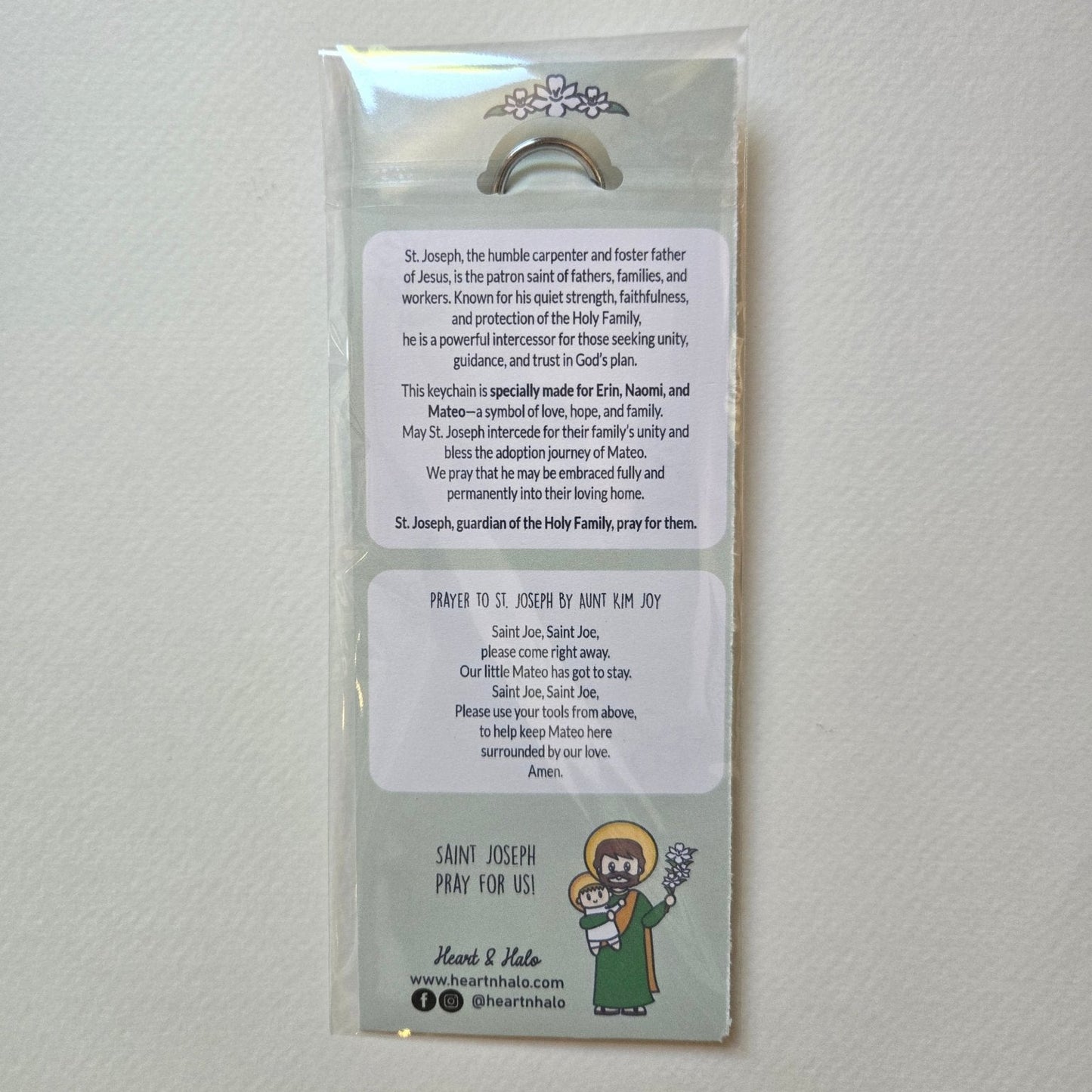 St. Joseph & Baby Jesus - Erin's Adoption Journey Keychain Created in Love, Guided by Faith - Heart & Halo