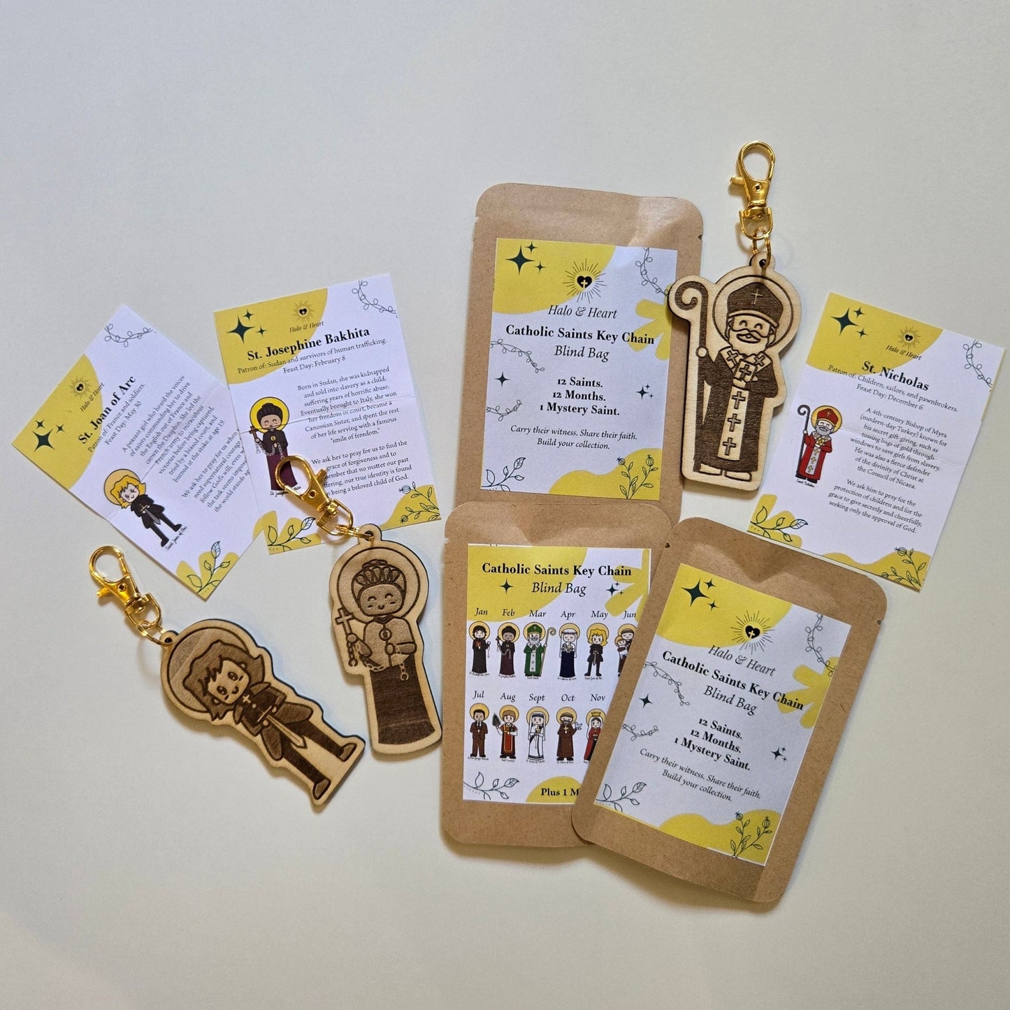 12 Months of Saints Mystery Bag - Catholic Gifts for Kids & Baptism - Handcrafted Wood Charm - Heart & Halo