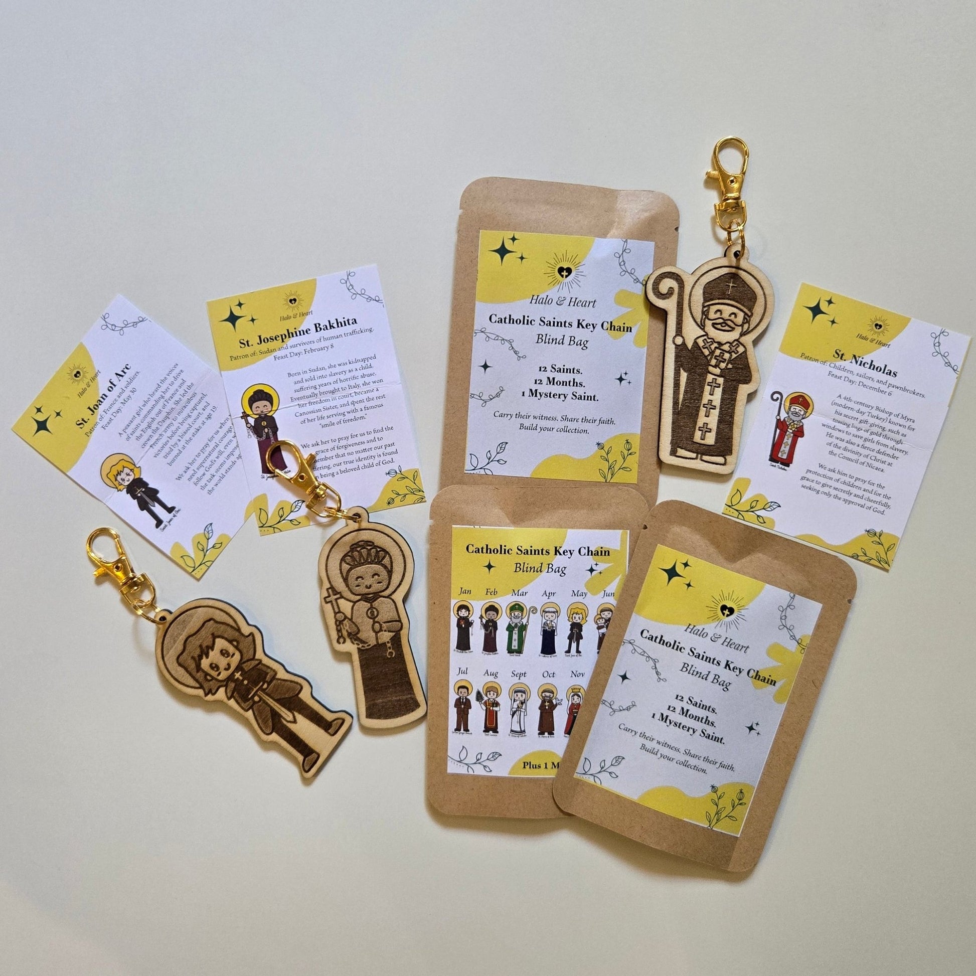 12 Months of Saints Mystery Bag - Catholic Gifts for Kids & Baptism - Handcrafted Wood Charm - Heart & Halo