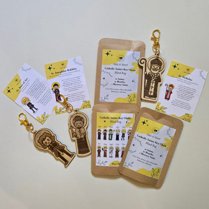 12 Months of Saints Mystery Bag - Catholic Gifts for Kids & Baptism - Handcrafted Wood Charm - Heart & Halo