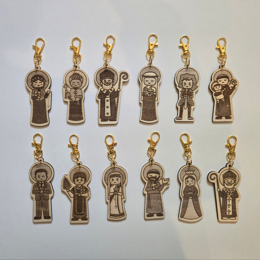 12 Months of Saints Mystery Bag - Catholic Gifts for Kids & Baptism - Handcrafted Wood Charm - Heart & Halo