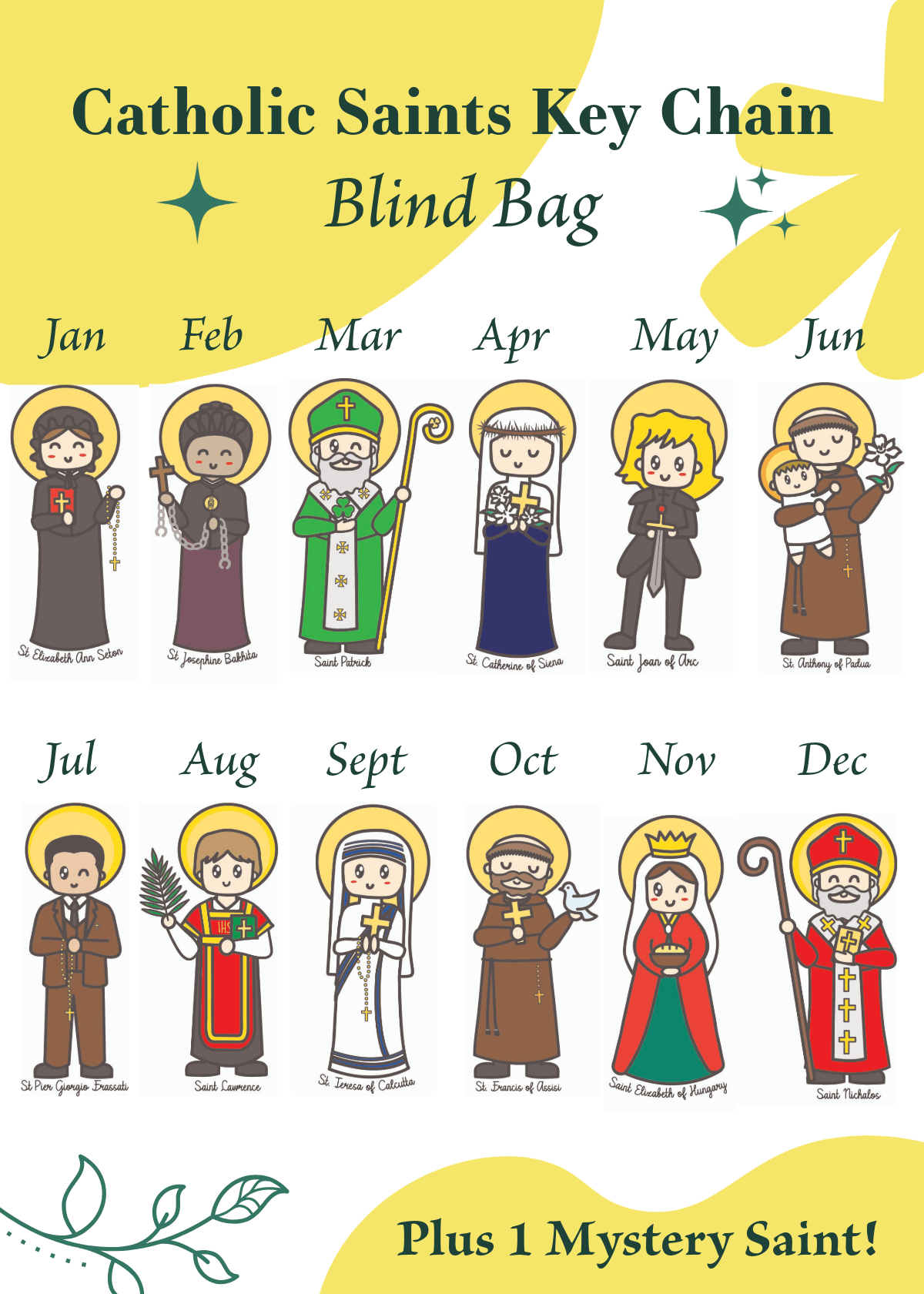 12 Months of Saints Mystery Bag - Catholic Gifts for Kids & Baptism - Handcrafted Wood Charm - Heart & Halo