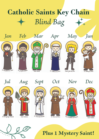 12 Months of Saints Mystery Bag - Catholic Gifts for Kids & Baptism - Handcrafted Wood Charm - Heart & Halo