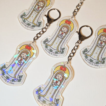 Our Lady of Fatima Acrylic Keychain | 2.75" Double - Sided Catholic Charm - Heart & Halo