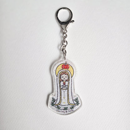 Our Lady of Fatima Acrylic Keychain | 2.75" Double - Sided Catholic Charm - Heart & Halo