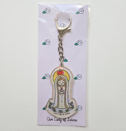 Our Lady of Fatima Acrylic Keychain | 2.75" Double - Sided Catholic Charm - Heart & Halo