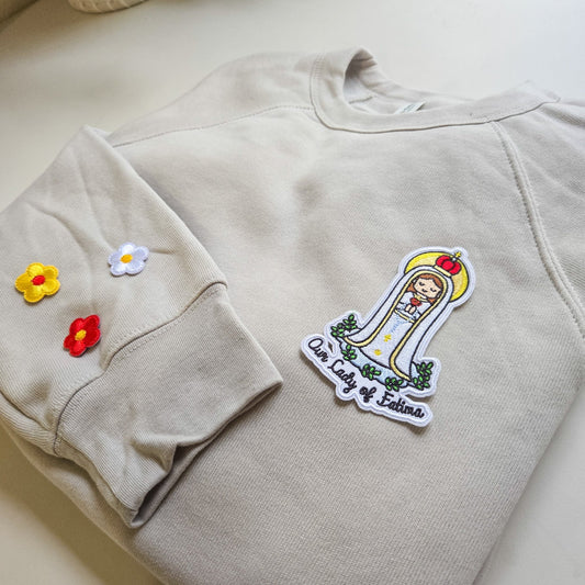 Our Lady of Fatima Embroidered Sweatshirt | Catholic Trinity Flower Sleeve Patch | Premium Religious Apparel - Heart & Halo