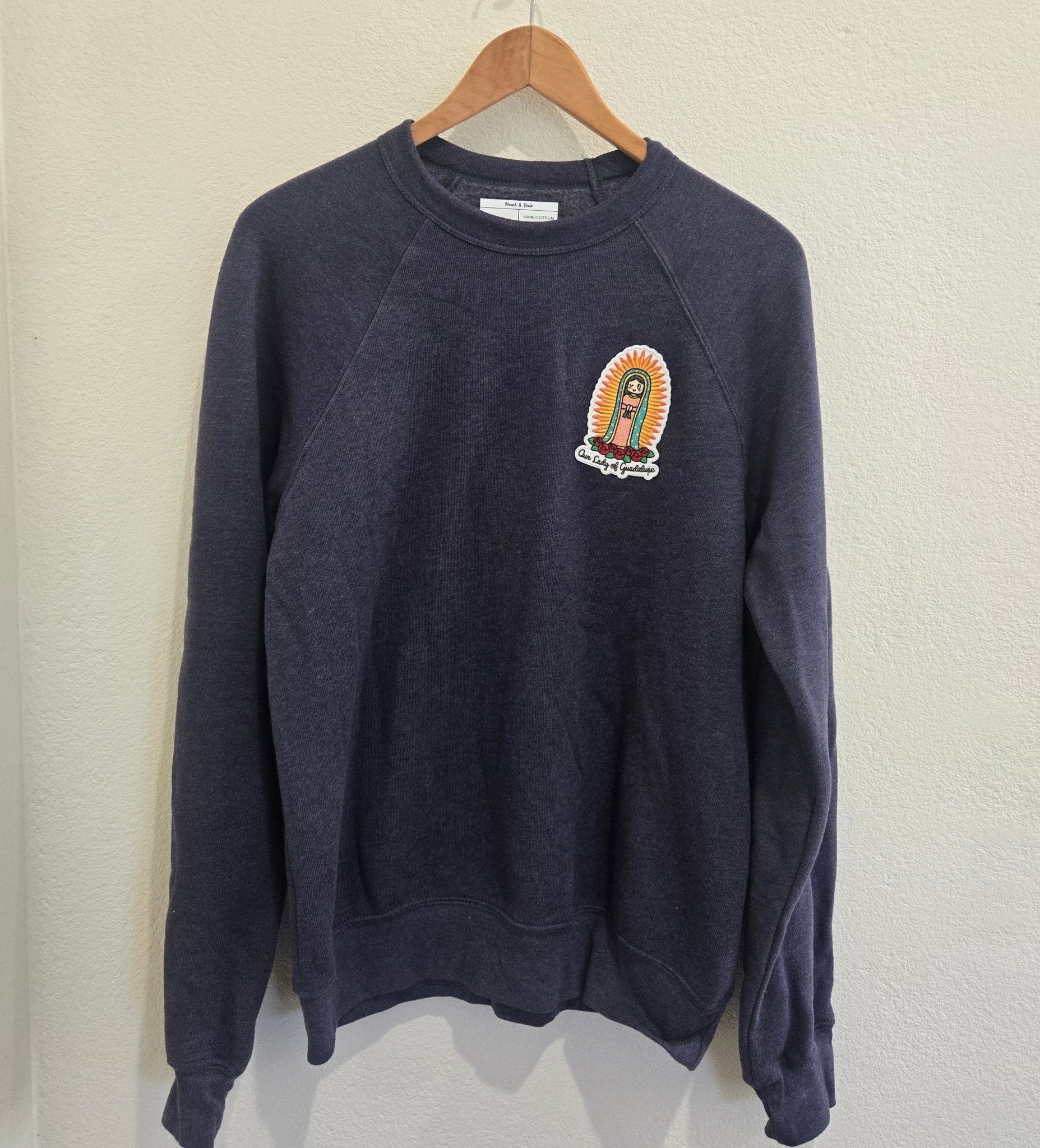 Our Lady of Guadalupe Embroidered Sweatshirt | Catholic Trinity Flower Sleeve Patch | Premium Religious Apparel - Heart & Halo
