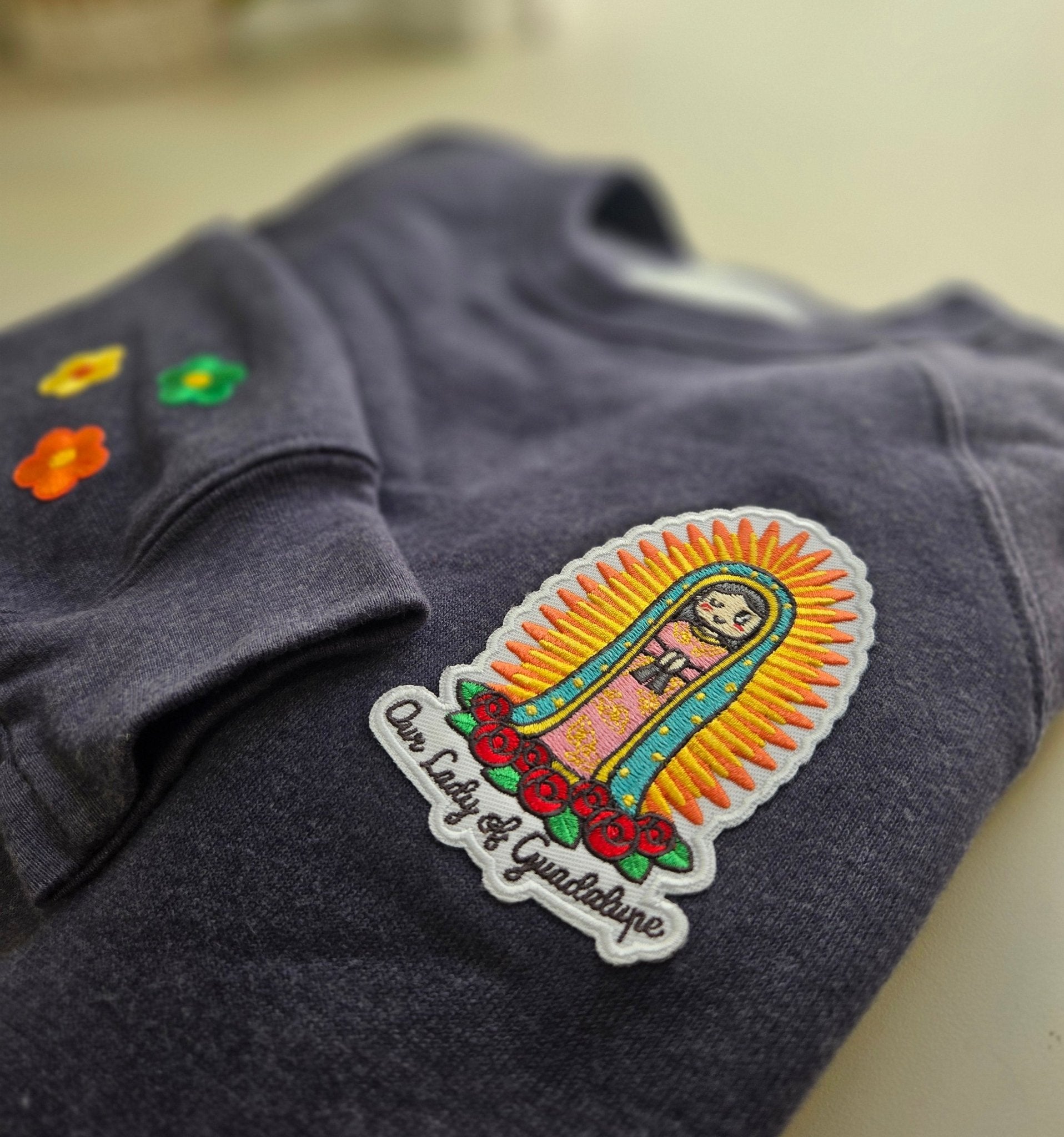 Our Lady of Guadalupe Embroidered Sweatshirt | Catholic Trinity Flower Sleeve Patch | Premium Religious Apparel - Heart & Halo