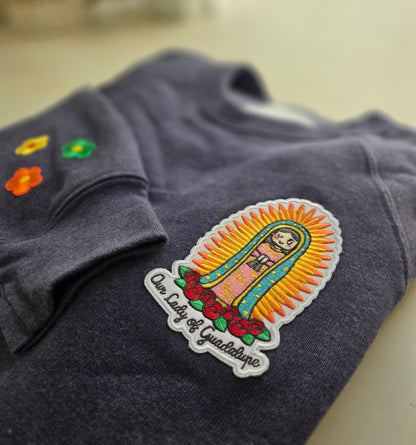 Our Lady of Guadalupe Embroidered Sweatshirt | Catholic Trinity Flower Sleeve Patch | Premium Religious Apparel - Heart & Halo