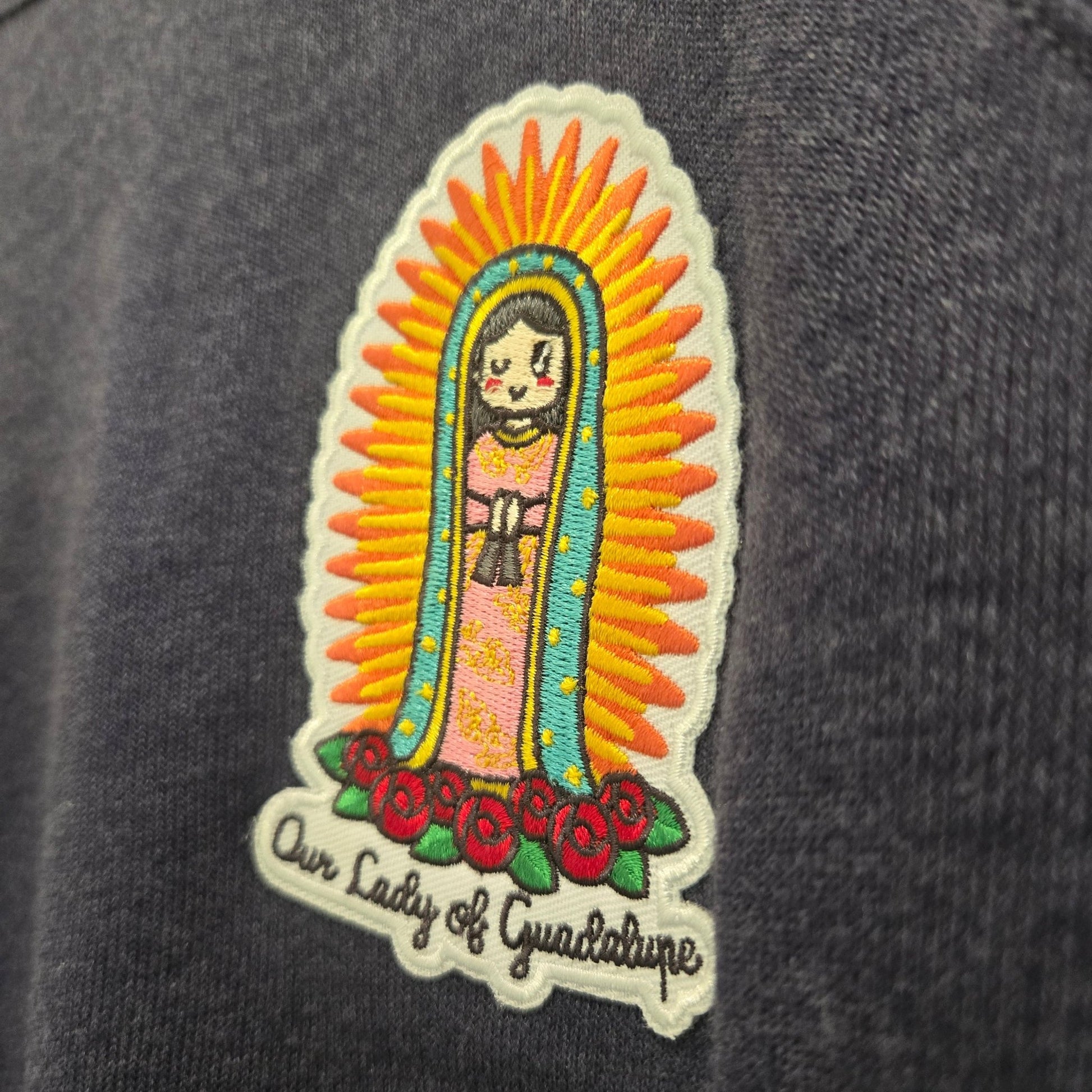 Our Lady of Guadalupe Embroidered Sweatshirt | Catholic Trinity Flower Sleeve Patch | Premium Religious Apparel - Heart & Halo