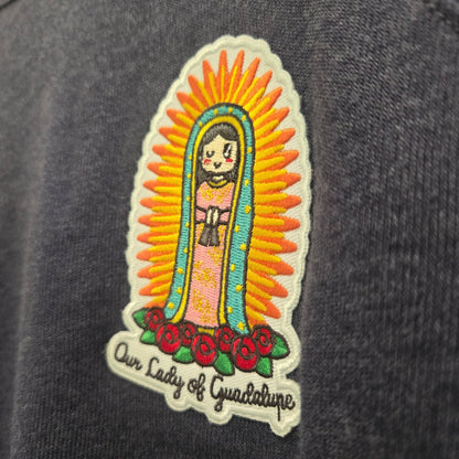 Our Lady of Guadalupe Embroidered Sweatshirt | Catholic Trinity Flower Sleeve Patch | Premium Religious Apparel - Heart & Halo