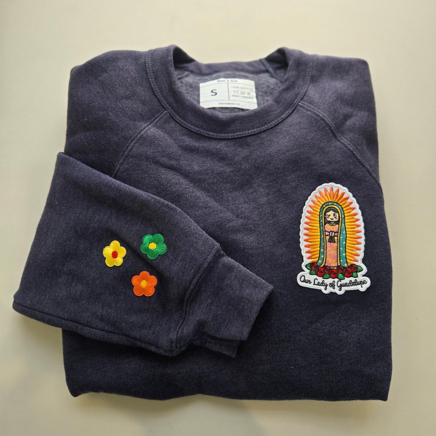Our Lady of Guadalupe Embroidered Sweatshirt | Catholic Trinity Flower Sleeve Patch | Premium Religious Apparel - Heart & Halo