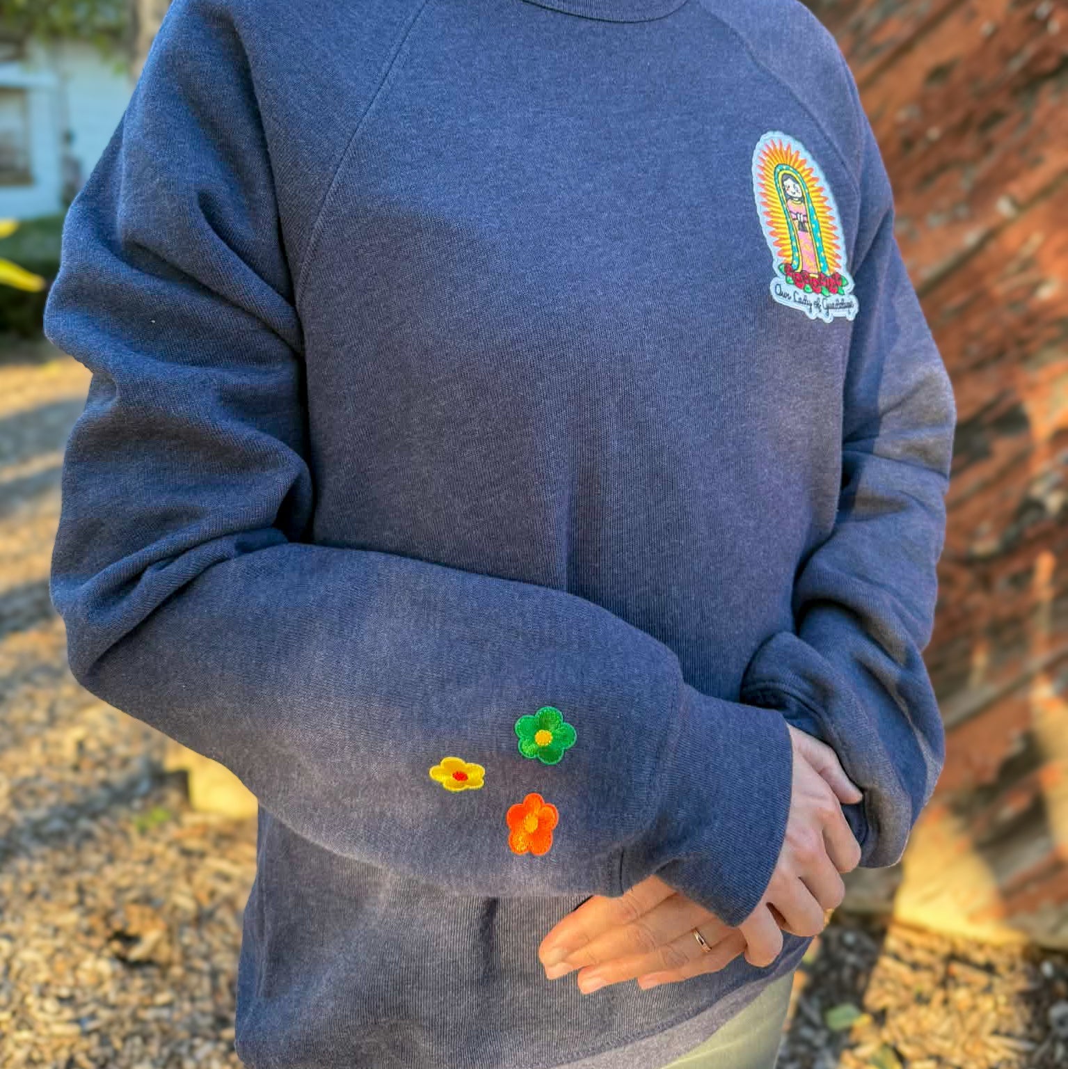 Our Lady of Guadalupe Embroidered Sweatshirt | Catholic Trinity Flower Sleeve Patch | Premium Religious Apparel - Heart & Halo