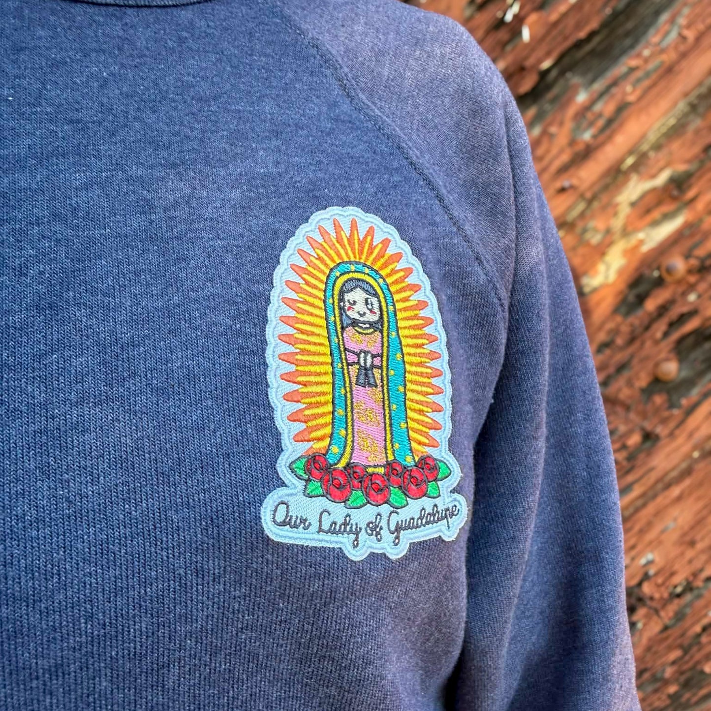 Our Lady of Guadalupe Embroidered Sweatshirt | Catholic Trinity Flower Sleeve Patch | Premium Religious Apparel - Heart & Halo