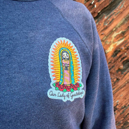 Our Lady of Guadalupe Embroidered Sweatshirt | Catholic Trinity Flower Sleeve Patch | Premium Religious Apparel - Heart & Halo