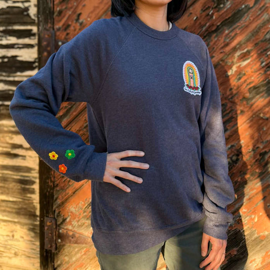 Our Lady of Guadalupe Embroidered Sweatshirt | Catholic Trinity Flower Sleeve Patch | Premium Religious Apparel - Heart & Halo