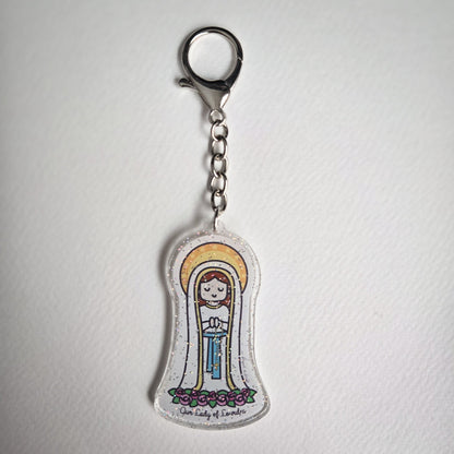 Our Lady of Lourdes Acrylic Keychain | 2.75" Double - Sided Catholic Keychain - Heart & Halo