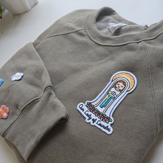 Our Lady of Lourdes Embroidered Sweatshirt | Catholic Trinity Flower Sleeve Patch | Premium Religious Apparel - Heart & Halo