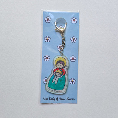Our Lady of Peace Korean Acrylic Keychain | 2.75" Double - Sided Catholic Charm | Childlike Art - Heart & Halo