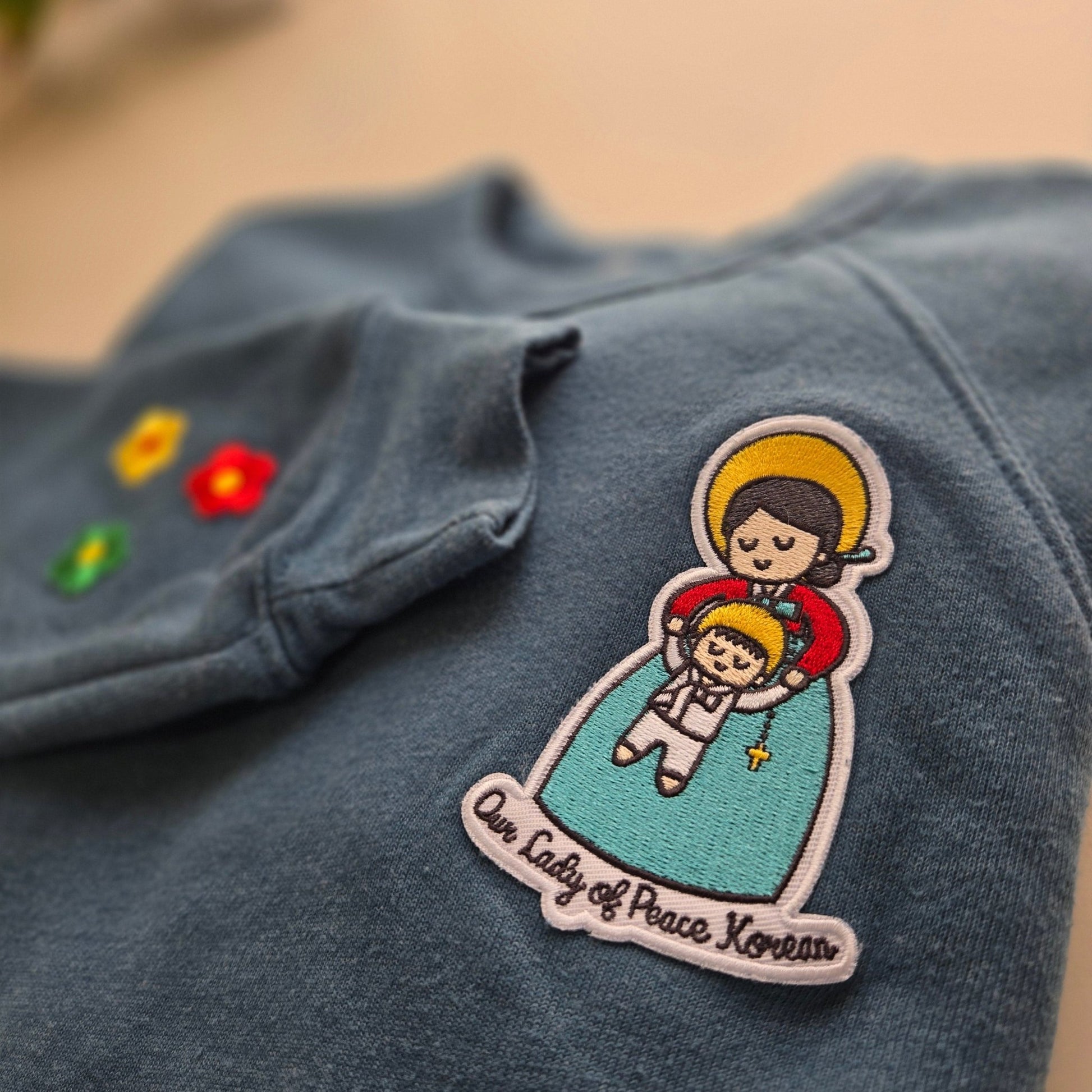 Our Lady of Peace Korean Embroidered Sweatshirt | Catholic Trinity Flower Sleeve Patch | Premium Religious Apparel - Heart & Halo