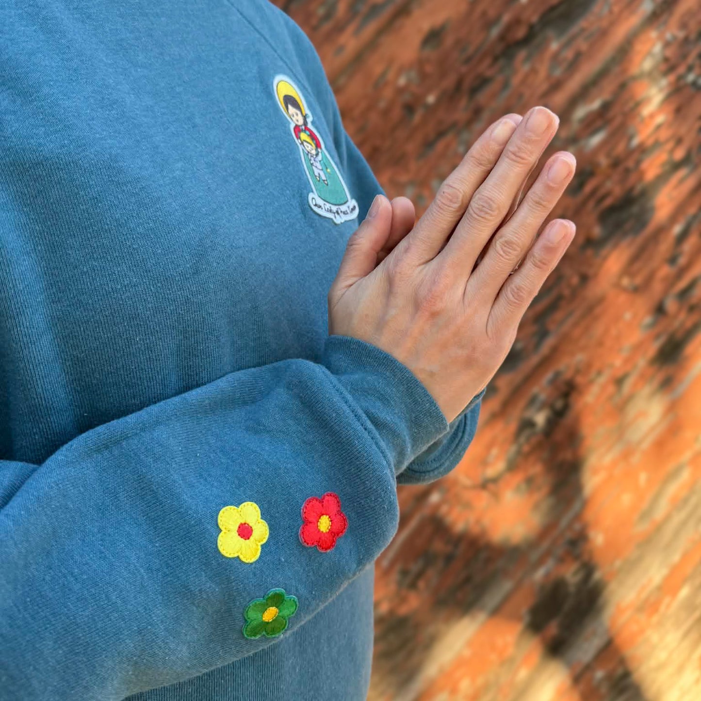 Our Lady of Peace Korean Embroidered Sweatshirt | Catholic Trinity Flower Sleeve Patch | Premium Religious Apparel - Heart & Halo