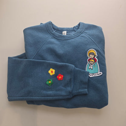 Our Lady of Peace Korean Embroidered Sweatshirt | Catholic Trinity Flower Sleeve Patch | Premium Religious Apparel - Heart & Halo