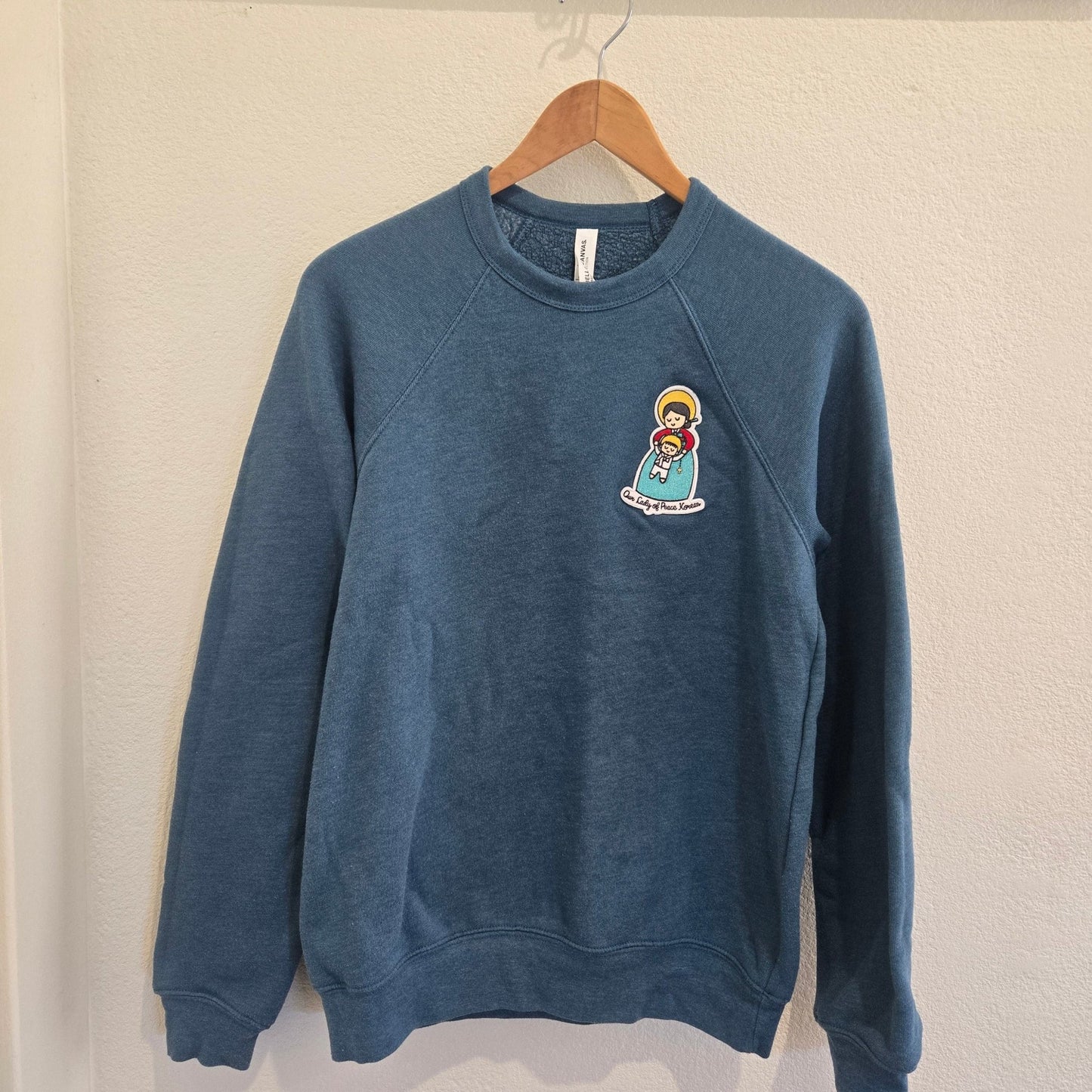 Our Lady of Peace Korean Embroidered Sweatshirt | Catholic Trinity Flower Sleeve Patch | Premium Religious Apparel - Heart & Halo