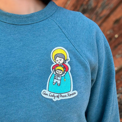 Our Lady of Peace Korean Embroidered Sweatshirt | Catholic Trinity Flower Sleeve Patch | Premium Religious Apparel - Heart & Halo