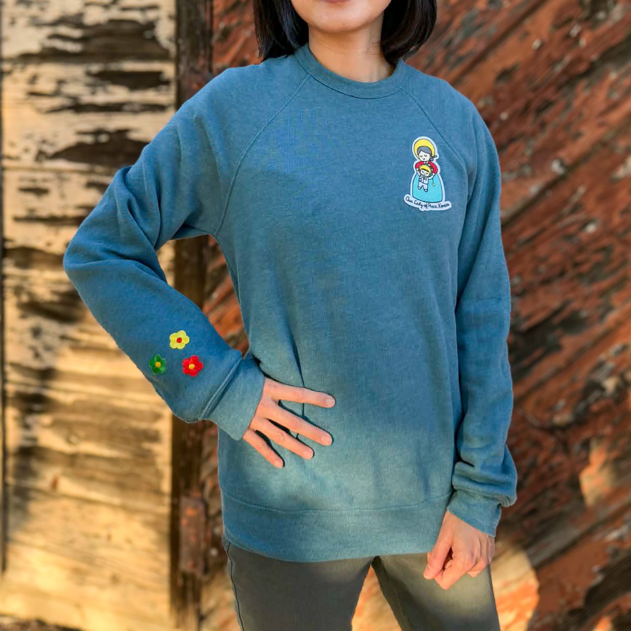Our Lady of Peace Korean Embroidered Sweatshirt | Catholic Trinity Flower Sleeve Patch | Premium Religious Apparel - Heart & Halo