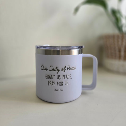 Our Lady of Peace Korean Engraved Coffee Mug | 14oz Stainless Steel Insulated Travel Cup with Handle - Heart & Halo