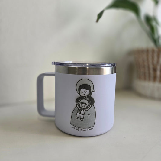Our Lady of Peace Korean Engraved Coffee Mug | 14oz Stainless Steel Insulated Travel Cup with Handle - Heart & Halo