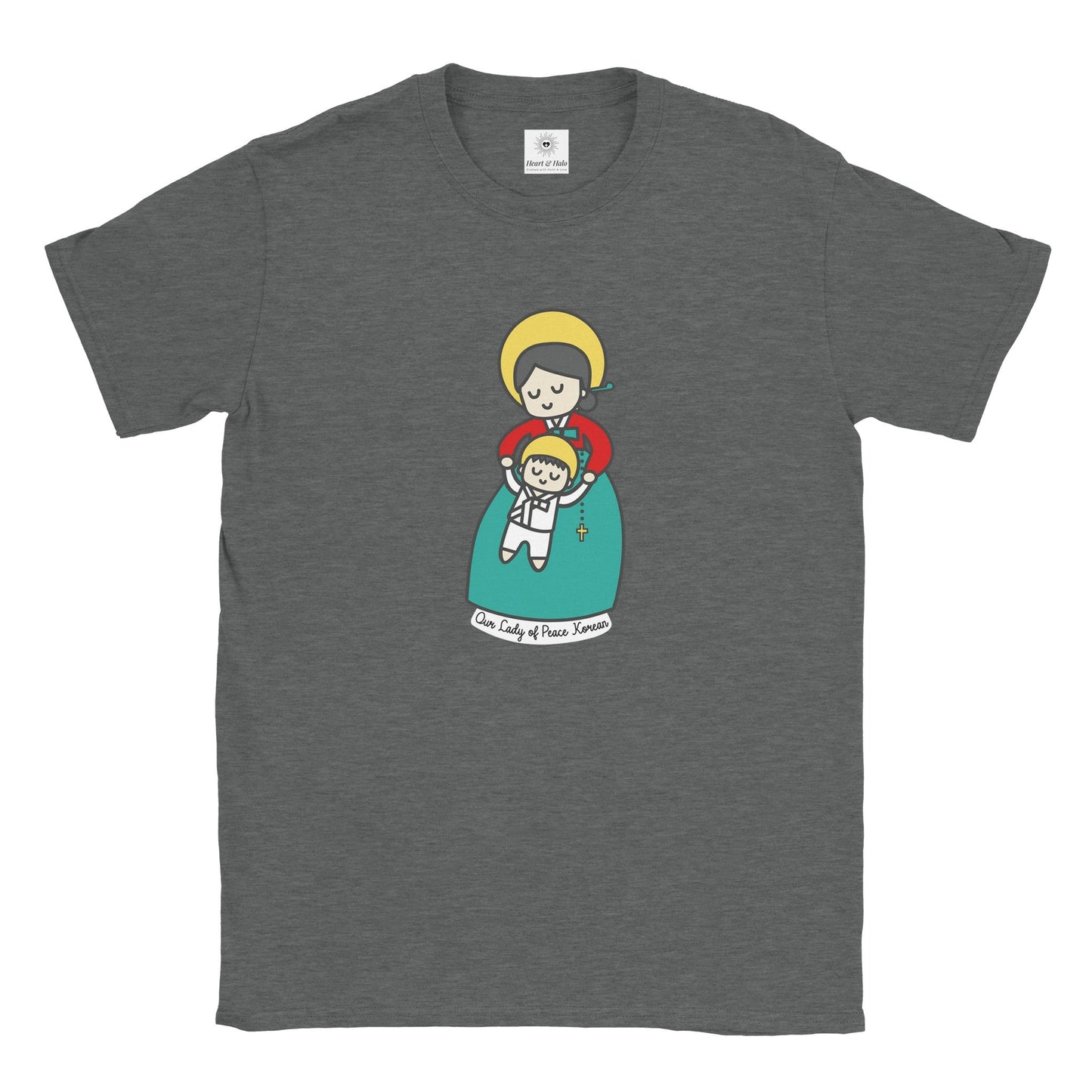 Our Lady of Peace Korean Mother Mary & Baby Jesus | Adult Cotton Crewneck T-Shirt | 20% Donation - Heart & Halo