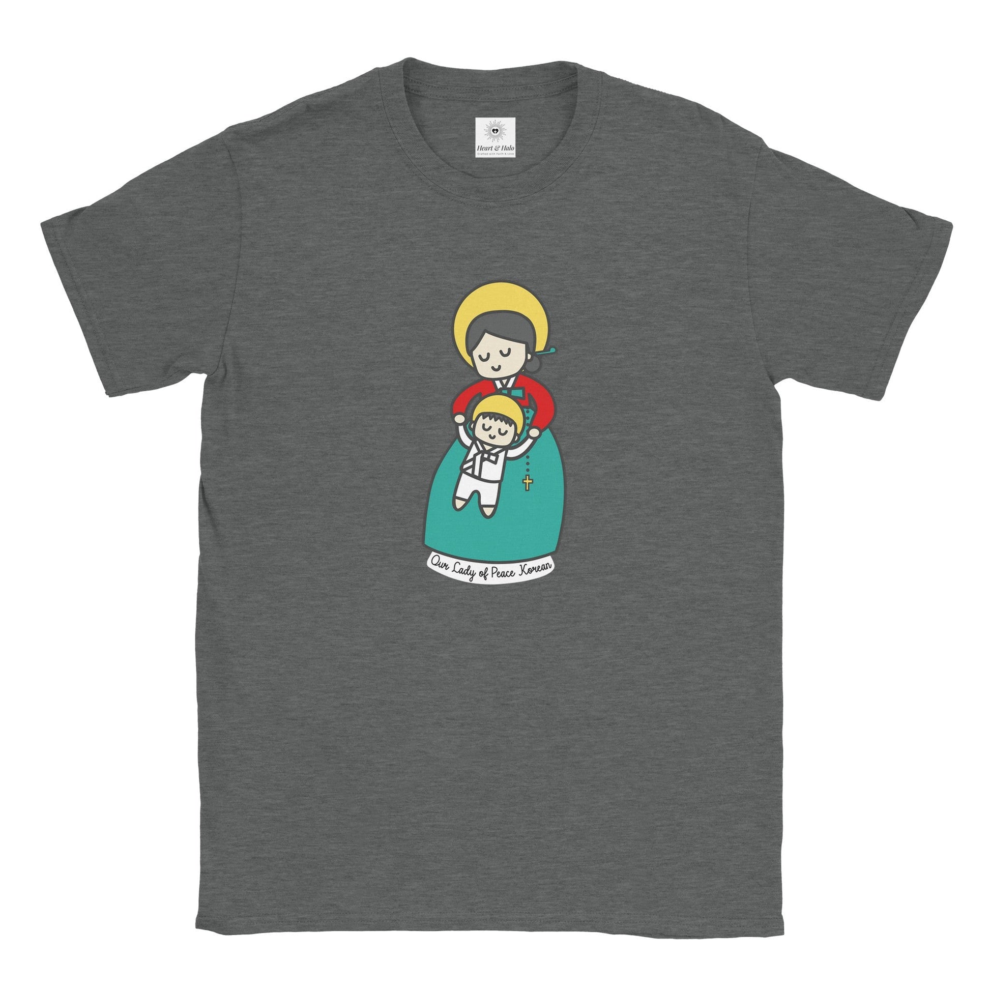 Our Lady of Peace Korean Mother Mary & Baby Jesus | Adult Cotton Crewneck T-Shirt | 20% Donation - Heart & Halo
