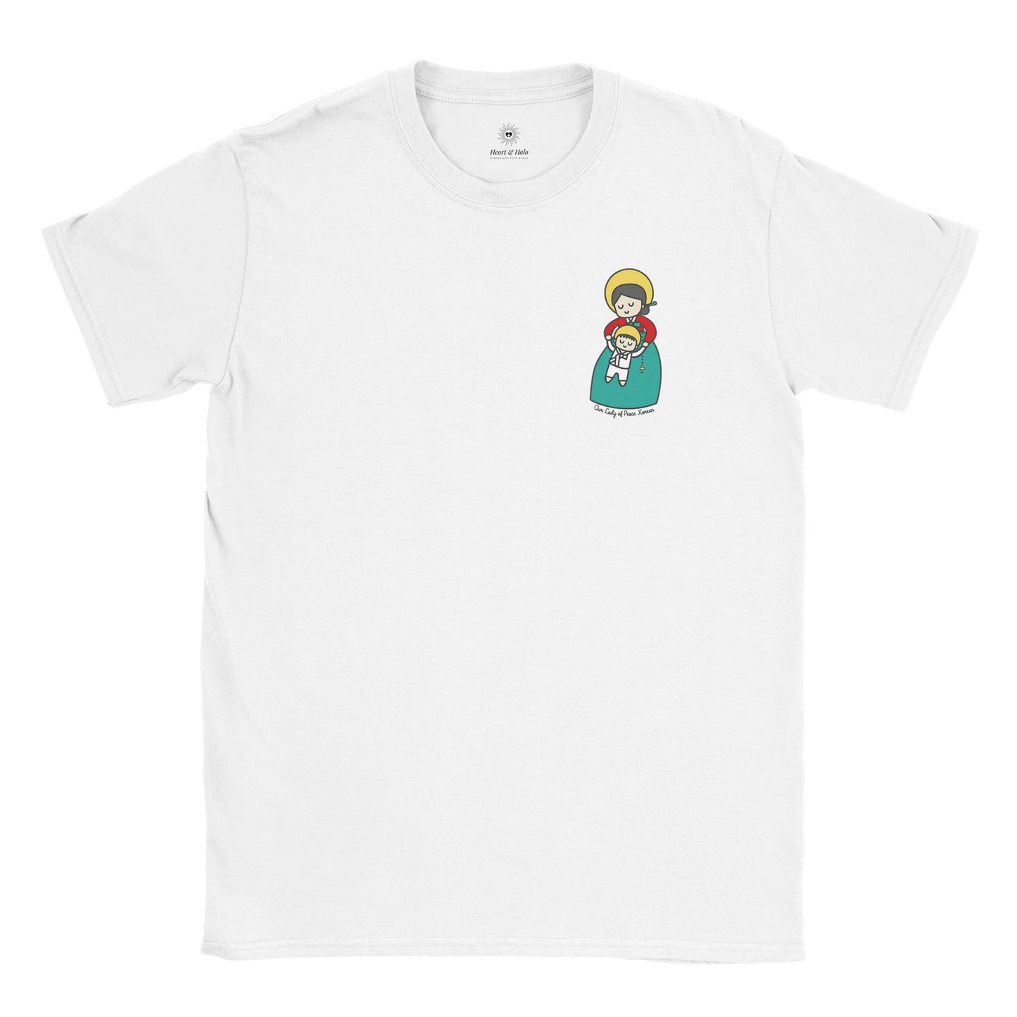 Our Lady of Peace Korean Mother Mary & Baby Jesus | Adult Cotton Crewneck T-Shirt | 20% Donation - Heart & Halo