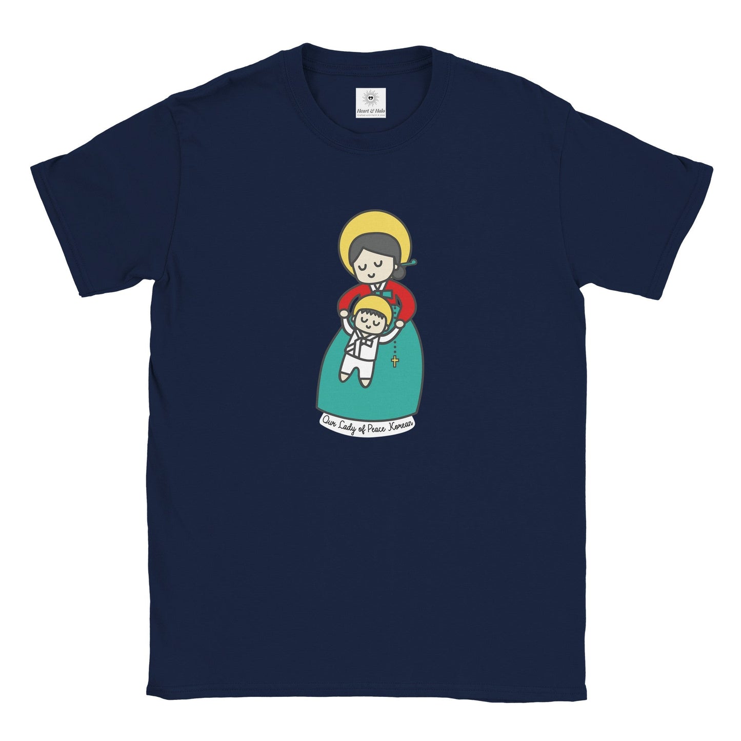 Our Lady of Peace Korean Mother Mary & Baby Jesus | Adult Cotton Crewneck T-Shirt | 20% Donation - Heart & Halo