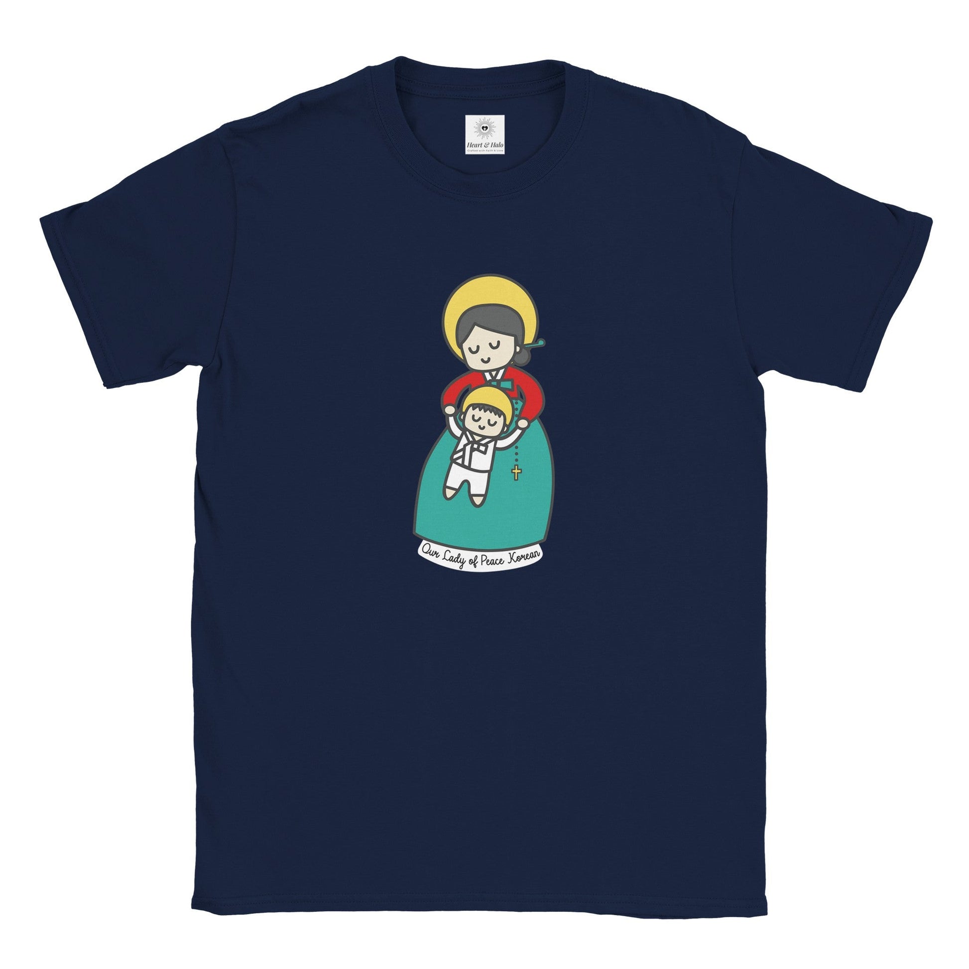 Our Lady of Peace Korean Mother Mary & Baby Jesus | Adult Cotton Crewneck T-Shirt | 20% Donation - Heart & Halo