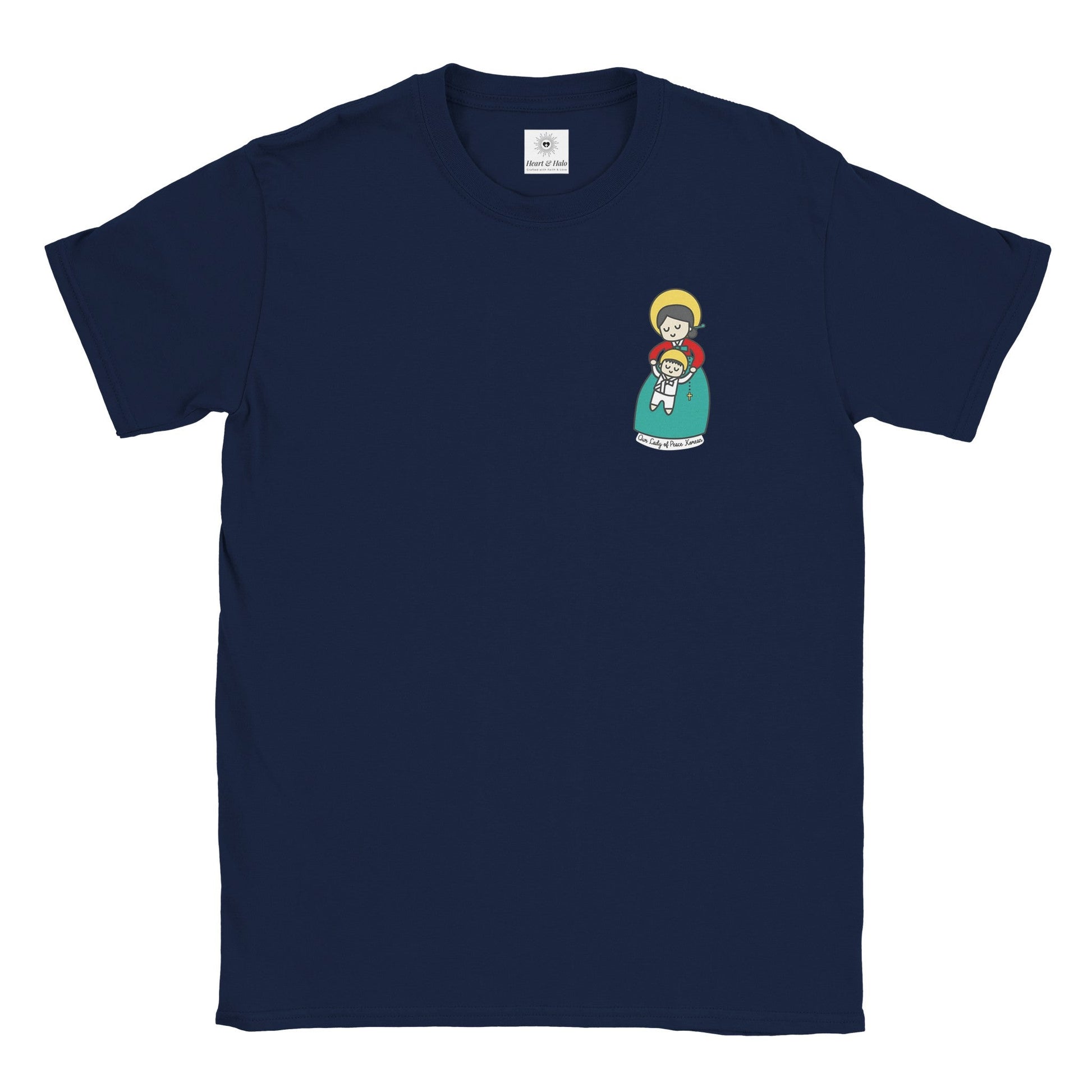 Our Lady of Peace Korean Mother Mary & Baby Jesus | Adult Cotton Crewneck T-Shirt | 20% Donation - Heart & Halo