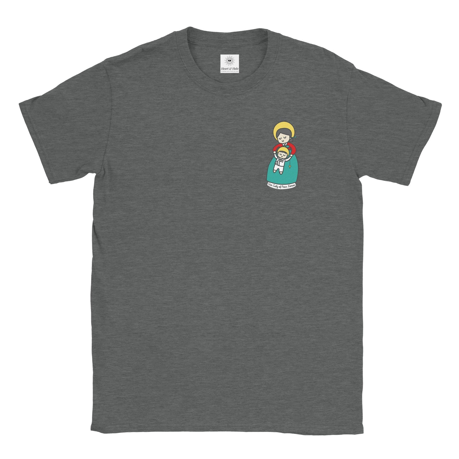Our Lady of Peace Korean Mother Mary & Baby Jesus | Adult Cotton Crewneck T-Shirt | 20% Donation - Heart & Halo