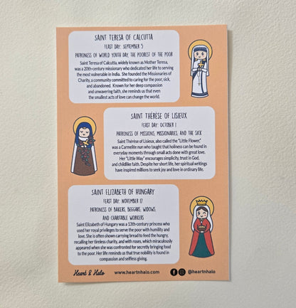 Our Little Autumn Flowers of Faith 4" x 6" Sticker sheet, St. Teresa of Calcutta, St. Therese of Lisieux, and St. Elizabeth of Hungary, Catholic Saints - Heart & Halo