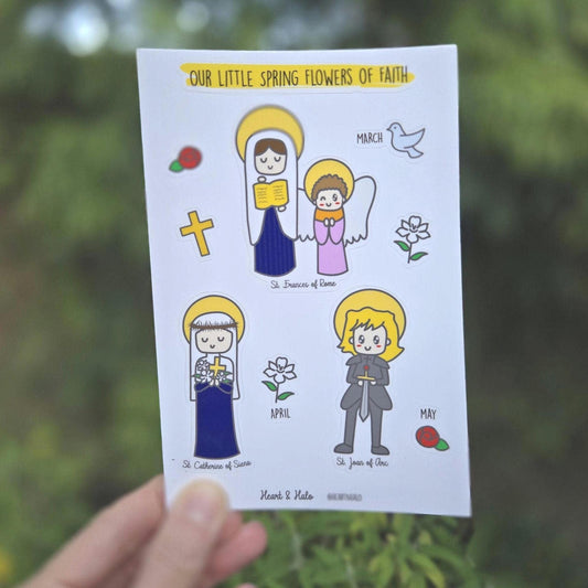 Our Little Spring Flowers of Faith 4" x 6" Sticker sheet, St Joan of Arc, St Catherine of Siena, St Frances of Rome, Catholic Saints - Heart & Halo