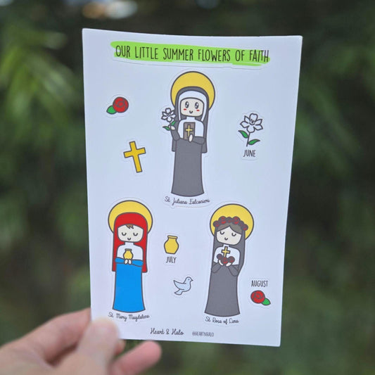 Our Little Summer Flowers of Faith 4" x 6" Sticker sheet - St. Juliana Falconieri, St. Mary Magdalene and St. Rosa of Lima. - Heart & Halo