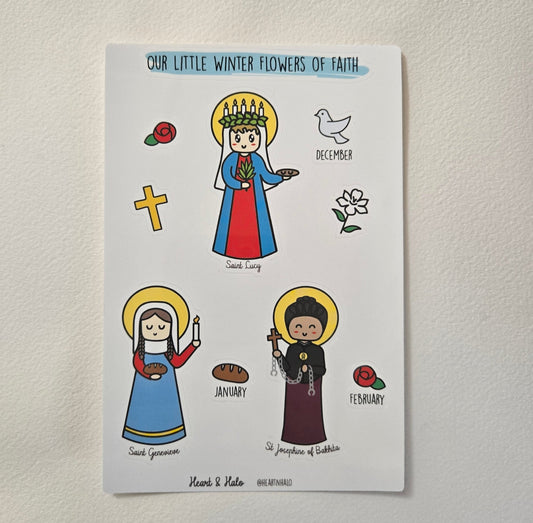 Our Little Winter Flowers of Faith 4" x 6" Sticker sheet, St. Lucy, St. Genevieve, and St. Josephine of Bakhita, Catholic Saints - Heart & Halo
