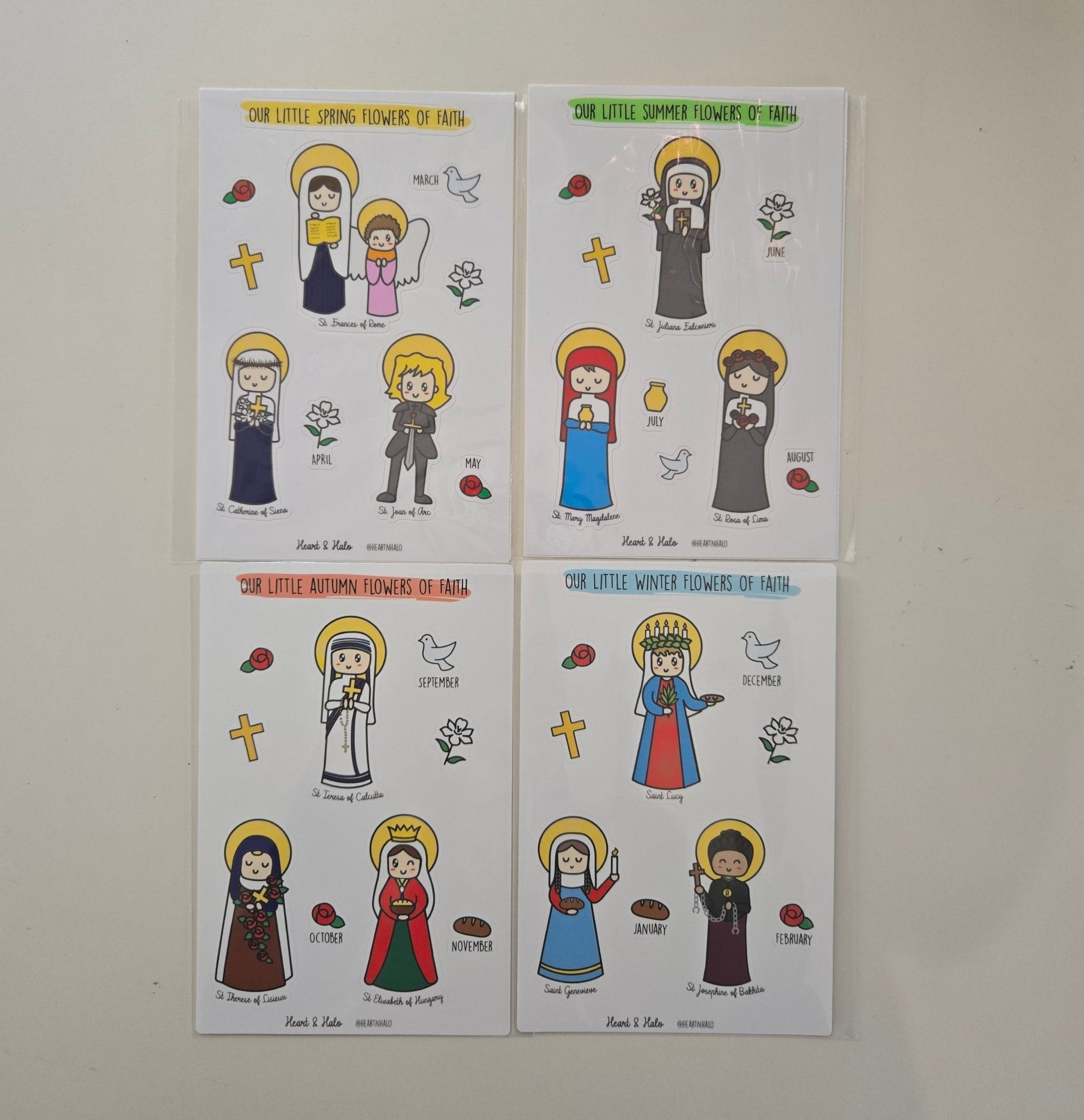 Our Little Winter Flowers of Faith 4" x 6" Sticker sheet, St. Lucy, St. Genevieve, and St. Josephine of Bakhita, Catholic Saints - Heart & Halo